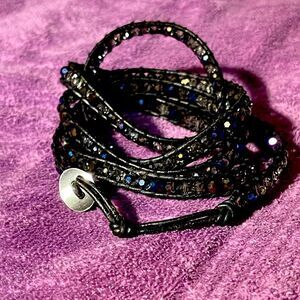 Braided crystal and leather wrap bracelet